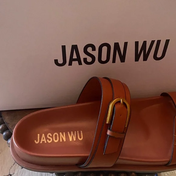 Jason Wu Rhonda Double Gold Buckle Slide Sandals - Picture 3 of 6